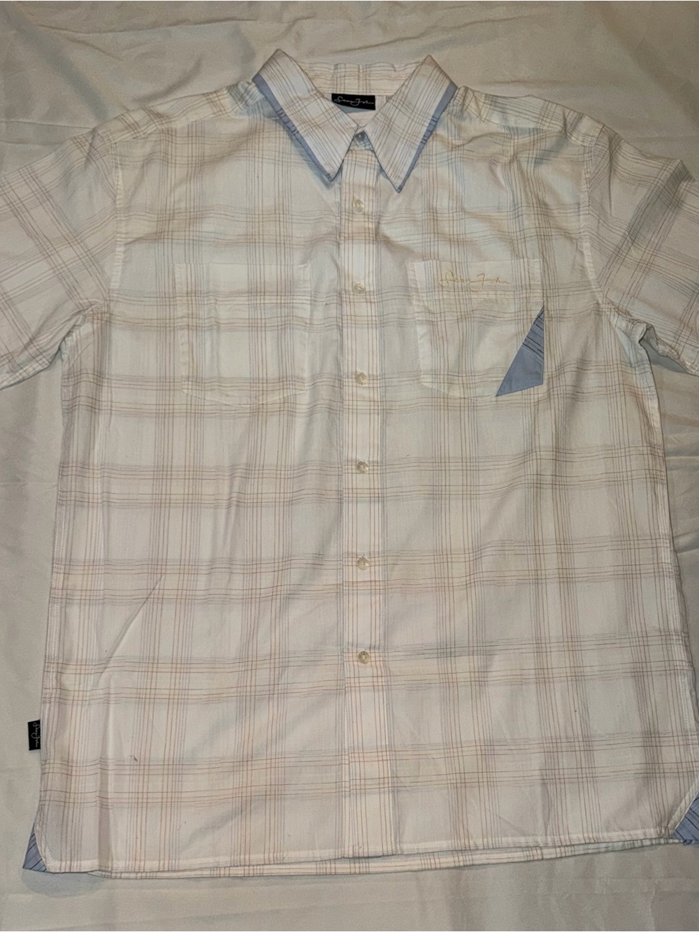 Sean John 90’s Light Cream Plaid Short-Sleeve Shirt - Casual Men’s Button-Up